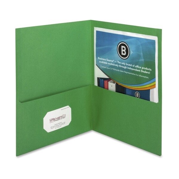 Business Source 2-Pocket Folders, 100 Sht Cap, Letter, 12inx9in, GREEN, 25PK BSN78493 - main